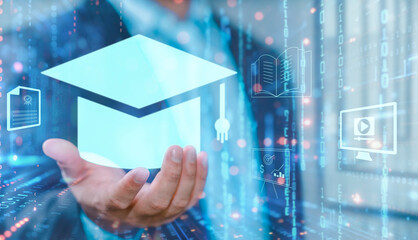 Fototapete - E-learning education, internet lessons and online webinar. Person who attends online lessons on a digital screen. Education internet Technology. Education Distance E-learning Online Learning..