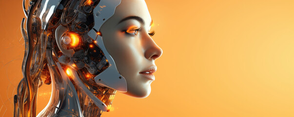 Wall Mural - profile of a female android with mechanical parts, glowing orange lights on a warm background.