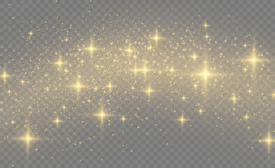 Wall Mural - Sparkling magic dust particles. Yellow dust yellow sparks and golden stars shine with special light. Christmas Abstract stylish light effect on a transparent background. Christmas vector pattern.