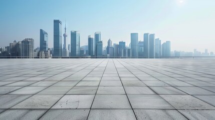 Empty square floor and city skyline with building background 