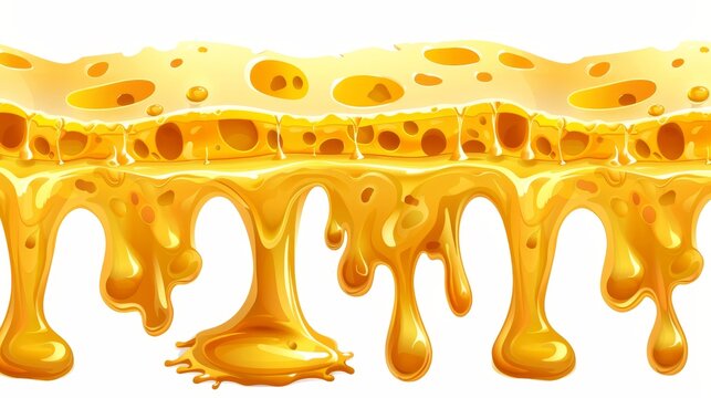 Flowing molten cheese isolated on white background. Modern cartoon borders of hot cheddar, parmesan or holland cheese slices.