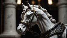 White Marble Horse Statue On Plain Black Background From Generative AI