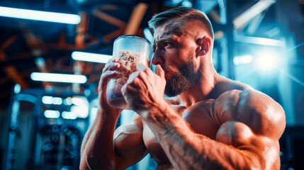 muscular man in gym setting enjoys homemade smoothie, representing a balance between physical exercise healthy lifestyle choices.smoothie suggests a blend of energy and refreshment. Banner. Copy space