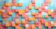 3d Abstract bright geometric cubes, pastel colors painted glossy wall texture with squares and rectangles, banner background.