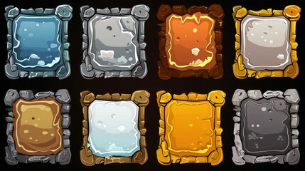 Poster - A cartoon set of user interface elements with borders in gold, silver, steel, ice with snow, wooden and stone texture isolated on black.