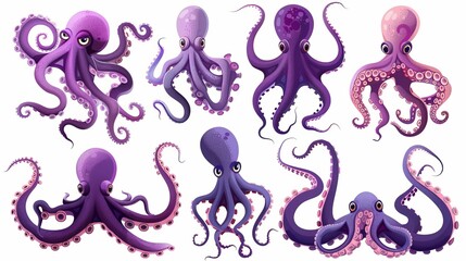 Sticker - OCTOPODS, SQUIDS, AND KRAKENS. Modern cartoon set of scaring sea monster arms, purple and pink giant octopus tentacles with suckers. CTHULHU hands and legs isolated on white.