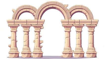 Wall Mural - Archways with stone columns, pillars, palace or castle archways decorative frames, portal entrances, antique doors Cartoon modern illustration of architecture arches.