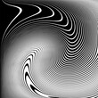 Vortex Whirl Movement Design. Wavy Lines Halftone Op Art Pattern. 3D Illusion. Abstract Textured Black and White Background. 