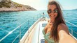 Happy young woman in a bikini taking a selfie on a yacht deck with a picturesque sea and coastline in the background.