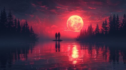 Wall Mural - A young couple gazes at a mysterious light in the night sky, in an illustration style, digital art