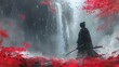Illustration painting of a samurai standing in a waterfall garden with swords on the ground in a digital art style