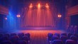 The stage of a theater has red curtains and spotlights with empty seats rows. The interior of the theater also has luxury velvet drapes, typical for music halls, opera houses, and drama theaters.