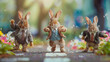 Three adorable bunnies dressed in businessman costumes, joyful dancing in spring.