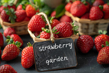 Fototapete - A group of ripe strawberries arranged neatly on a wooden table