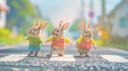 Three adorable bunnies dressed in kindergarten school uniform costumes, joyful dancing on crosswalk in spring.