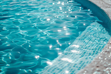 Wall Mural - A swimming pool filled with crystal-clear blue water, shimmering under the sunlight, with bubbles rising to the surface