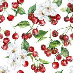 Poster - cherries and white flowers on a white background, showcasing vibrant colors and intricate details