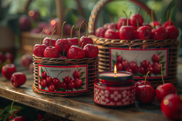 Sticker - A wooden table is topped with baskets filled with ripe cherries, showcasing a bountiful harvest of fresh fruit