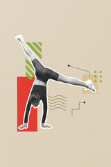 Poster - Vertical photo collage of happy sportswoman do handstand twine skill gymnastics wellbeing motivation isolated on painted background