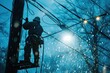 An electrician repairing power lines during a heavy storm,An electrician repairing power lines,  AI generated