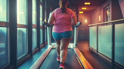 Wall Mural - Back view of a fat woman wearing a pink sports jersey running on a treadmill in the gym. The concept of weight loss and a healthy lifestyle