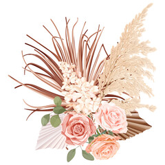 Wall Mural - Tropical boho, bohemian bouquet with pink rose, reed, hydrangea, eucalyptus, palm leaf and dry plants.