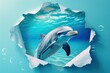 dolphine peeking out of a hole in flat white paper wall, dolphine wall banner, beautiful underwater atoll behind the dolphine, dolphine jump out torn hole