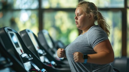 Wall Mural - Fat woman wearing a gray sportwear running on a treadmill in the gym. The concept of weight loss and a healthy lifestyle