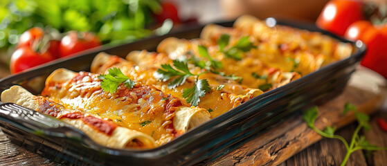 chicken enchiladas on a wooden table, food restaurant advertising