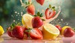 Strawberries and lemons, fruit falling in a splash of juice