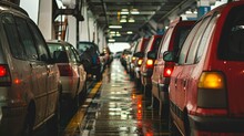 Cars Wait In Line On Ferry Deck