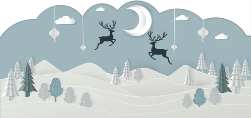 Christmas snowy landscape panorama,copy space. , greeting card.Paper cut art style. with digital craft .