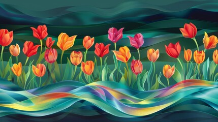 Canvas Print - Vibrant Tulip Field on Wavy Colorful Abstract Background.