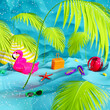 Fluorescent summer background. Summer beach accessories on blue sea water. 3D Rendering, 3D Illustration