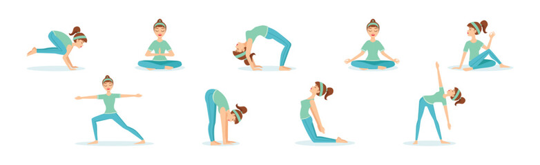 Wall Mural - Slim Sportive Young Woman Doing Yoga and Fitness Exercises Vector Set