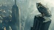Cybernetic Owl Surveying the Futuristic Cityscape from Towering Skyscraper