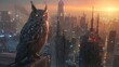Cybernetic Owl Surveying a Futuristic Cityscape at Sunset