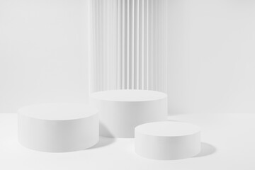 Wall Mural - Abstract stage with three white round podiums with striped pillar as decoration, mockup on white background. Template for presentation cosmetic products, gifts, advertising, display in simple style.