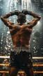 © Woraphon - A man is standing in a ring with his hands on his back, and he is wet. Concept of exhaustion and determination, as the man has just finished a boxing match