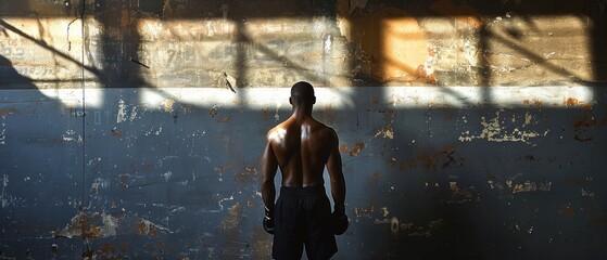 Wall Mural - A man stands in front of a wall with a shadow on it. The man is wearing a black shirt and black pants