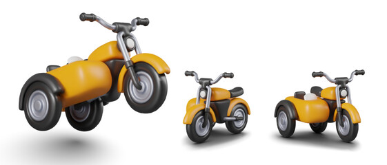 Set of tricycles in different positions. Yellow motorcycle with sidecar is standing, speeding