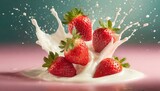 Fototapeta Dmuchawce - Strawberries falling into splashing cream or milk