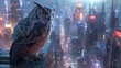 Cybernetic Owl Perched on Futuristic Skyscraper Surveying the Bustling City Below with Vigilant Gaze