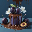 Plums and plum flowers on a chocolate dripping dessert