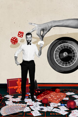 Poster - Vertical creative picture collage young handsome gentleman dealer casino game player fortune luck dice combination roulette poker cards