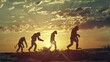 Human evolution. A study of the sequence of biological evolution of Homo sapiens. monkey, ape, ancient humans, modern humansShadows reflecting light when the sun sets.  Silhouette concept