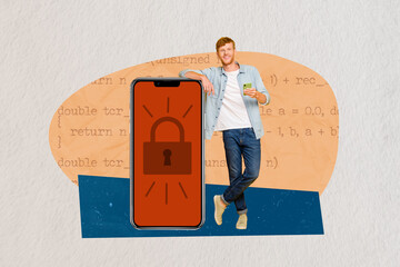 Poster - Collage picture banner of young man using smartphone lock screen display dont know how hacking cloud services isolated on beige background