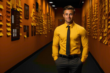 Wall Mural - A corporate trainer in business-casual attire, with training materials, set against a muted mustard wall.