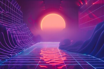 Wall Mural - A neon cityscape with a glowing sun in the background. The sky is a deep purple and the buildings are tall and colorful. Scene is futuristic and vibrant