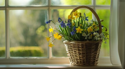 Wall Mural - Basket of flowers on windowsill